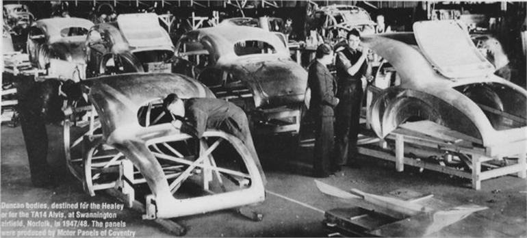 Photograph. Duncan Industries at Swannington, making Alvis Duncan and Duncan Healey bodies.
Mike Ling Collection. (North Walsham Archive).
