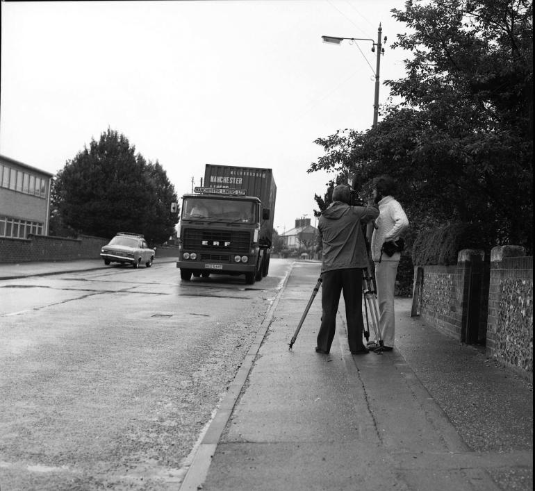 Photograph. Filming at HP Smedleys, Norwich Road (North Walsham Archive).