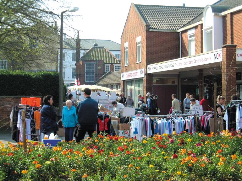 Photograph. St Nicholas Court shopping precinct, North Walsham (North Walsham Archive).